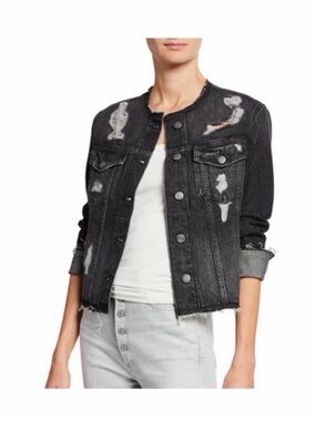 Frame Denim Black Distressed Cropped Jean Jacket